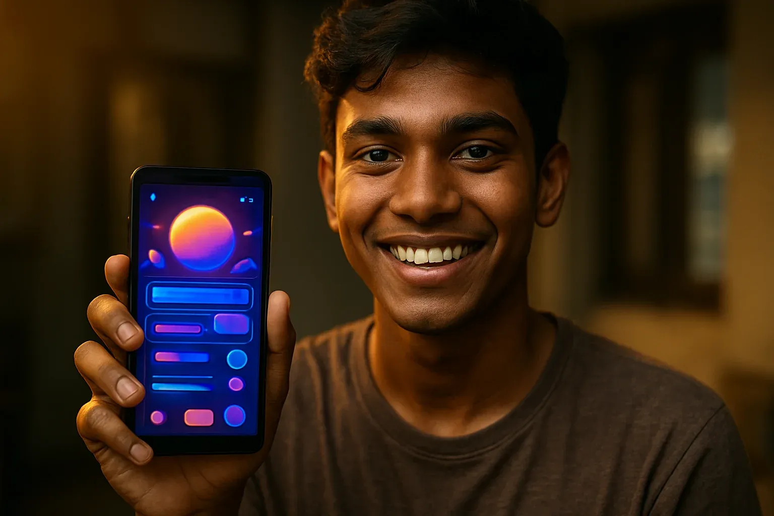 Smiling young Bangladeshi man holding smartphone with colorful gaming app interface