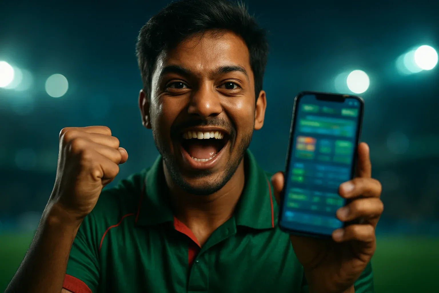 Excited Bangladeshi man cheering with smartphone showing blurred sports betting interface