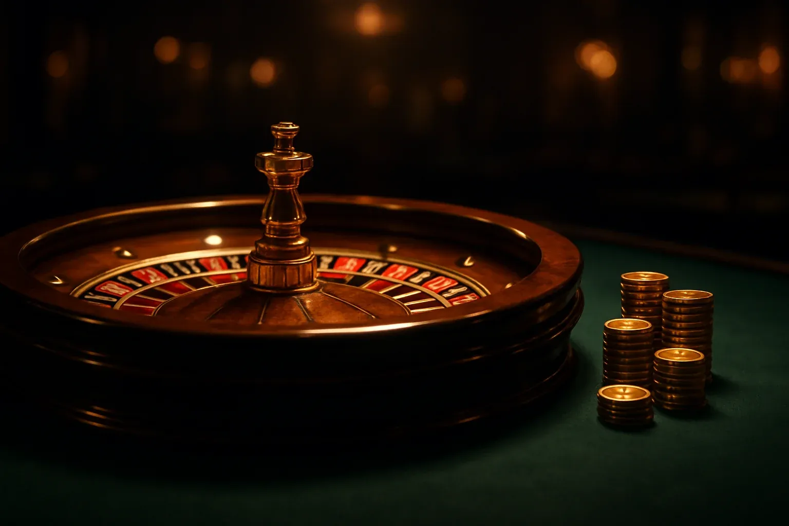 Elegant live casino table with glowing roulette wheel and golden chips