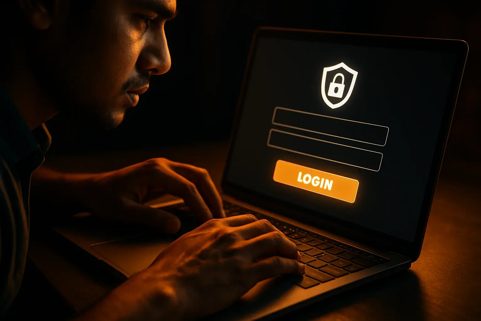 Young Bangladeshi man using laptop with visible sign-in form and glowing button
