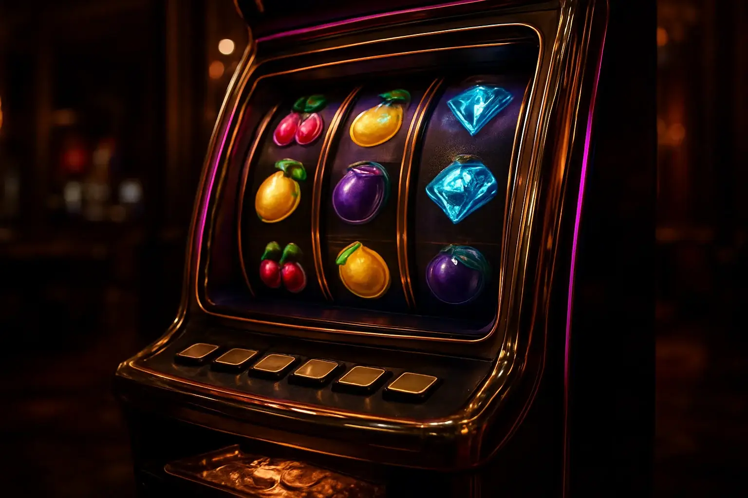 Premium slot machine with glowing reels in a dark luxury casino